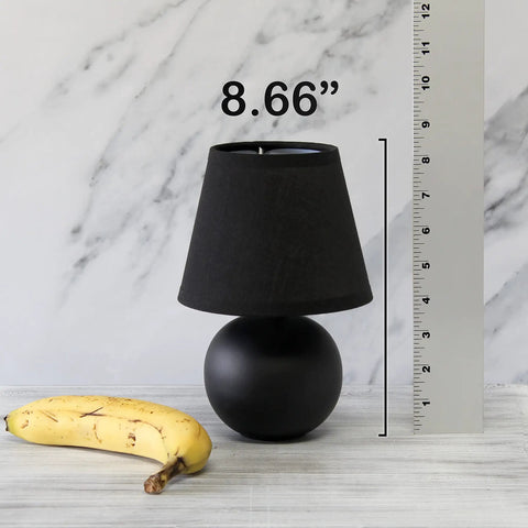 Mini Ceramic Globe Table Lamp With Matching Fabric Shade In Black Compact Desk Or Nightstand Light For Living Room Bedroom Or Dorm Perfect Accent Piece Uses 1 40W Equivalent E12 Bulb Not Included; lamp with measurement and banana for scale
