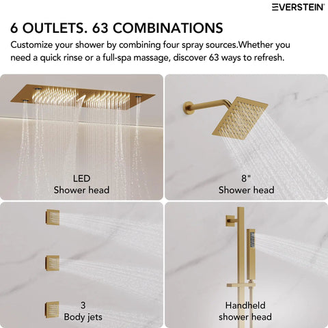 Luxury Ceiling Mount Shower System With Integrated Bluetooth Music Player And Brushed Gold Rainfall Panel For A Fast Bathroom Makeover That Drops Serious Spa Vibes Daily, showcasing LED and 8" shower heads.