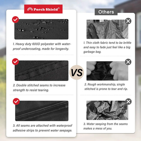 Comparison of Porch Shield Waterproof 600D Rectangular Fire Pit Cover and other brands highlighting material and stitching quality.