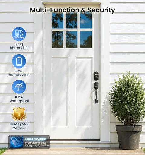 Keyless Fingerprint Door Lock With Keypad Deadbolt In Matte Black mounted on a white door with potted plant, showcasing multi-function features.
