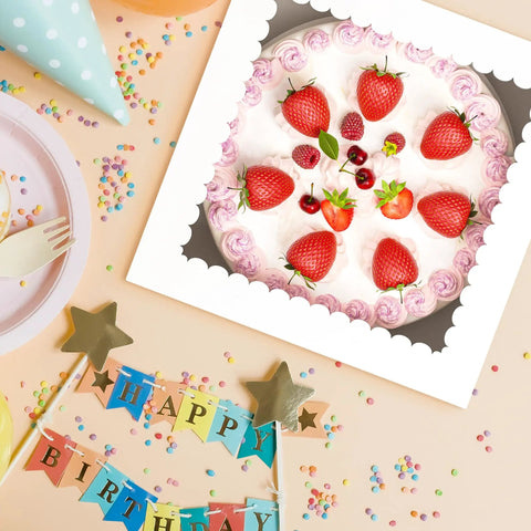 3 Pack Tall Cake Boxes With Clear Window 10x10x8 Inch Bakery Containers Including Thick Cardboard Boards Plus Decorative Stickers displaying a cake with strawberries.
