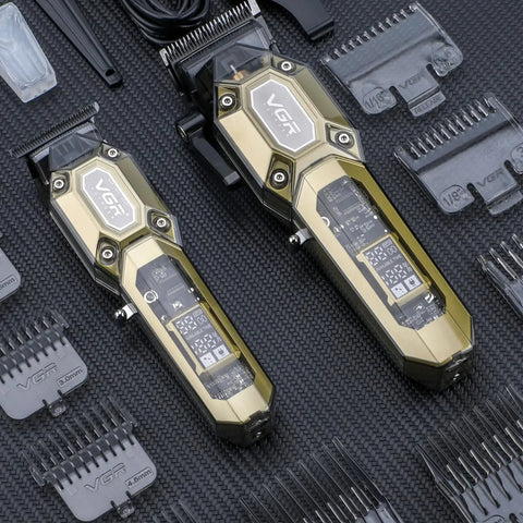 Cordless Barber Clipper And Trimmer Set For Men With 10 Guide Combs USB Rechargeable LED Display And Precise Cutting For Home Or Salon Use Ideal For Family Haircuts In Green showing metallic design and attachments