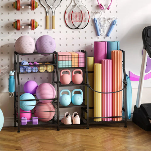 Home gym storage rack with weights, balls, yoga mats, and a variety of exercise equipment against a wall.