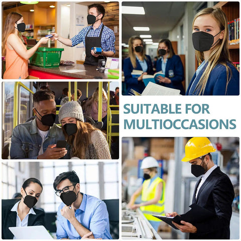 Collage of people wearing KN95 Face Mask Pack 20 Pcs Five Layer Cup Dust Safety Masks Breathable Protection Against PM2.5