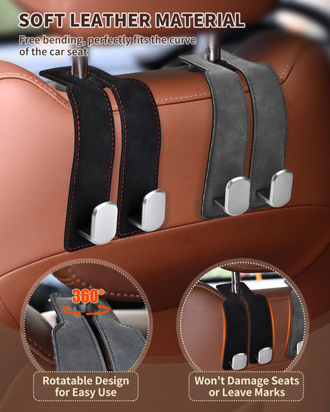 4 Pack Leather Car Headrest Hooks With Double Hooks Rotating 360 Degree Backseat Organizer Hangers installed on car seat