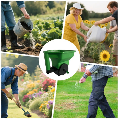 Handheld Lawn Spreader For Grass Seed And Fertilizer No Clog Easy Grip Portable Hand Powered Spreader in garden use