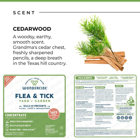 All Natural Flea And Tick Yard And Garden Spray Concentrate With Essential Oils To Kill, Control, And Prevent Fleas, 16 Oz text with cedarwood image