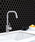Dope Glossy Black Porcelain Hex Mosaic Tile For Floors And Walls, Mesh-Mounted 2 Inch Pieces, high sheen, kitchen install