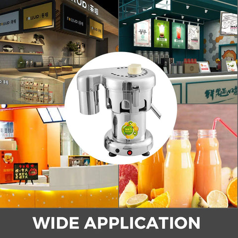 Heavy Duty 370W Electric Juice Extractor With Stainless Steel Body in cafe setting, used for smoothies and fresh juice.