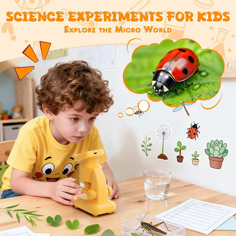 2-In-1 Kids Digital Microscope for Outdoors and Home, Switch Between Handheld and Desktop, HD Screen Video Capture, 9-Slide Science Kit, Portable STEM Toy Gift for Ages 6-12 Boys and Girls, Learn Like a Boss Scientist, child using yellow microscope