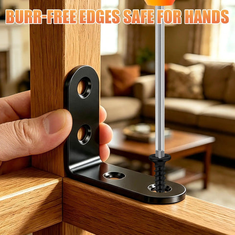 Heavy Duty L Brackets Corner Braces Kit, 20 Piece Stainless Steel Angle Supports With Matching Screws And Storage Tin, Built Tough Multi Size Hardware For Shelving, showing a hand securing a black bracket on wooden furniture.