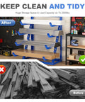 Top Notch 4 Tier Steel Lumber And Pipe Storage Rack With Adjustable Arms And Rugged Alloy Frame Holding Up To Two Thou Pounds organized with clean planks.