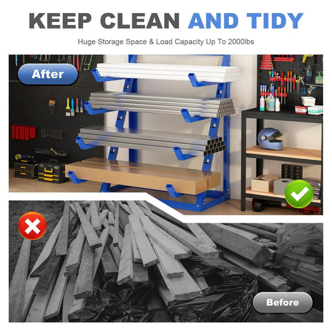 Top Notch 4 Tier Steel Lumber And Pipe Storage Rack With Adjustable Arms And Rugged Alloy Frame Holding Up To Two Thou Pounds organized with clean planks.