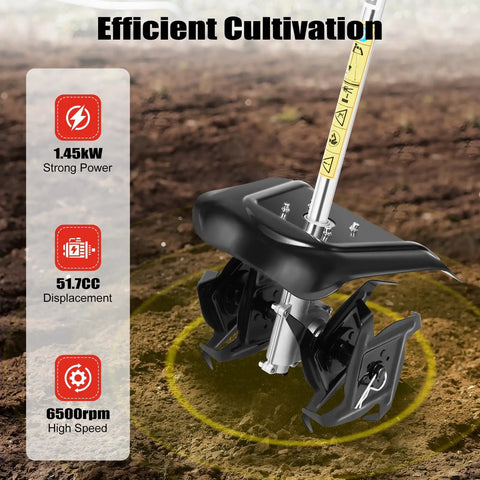Beast 51.7cc 2 Stroke Handheld Tiller Cultivator with Cordless Long Pole Design on soil, showcasing blade features and engine specs