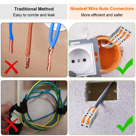 Comparison of traditional method with Lever Wire Connectors Kit 60 Piece Quick Connect Splicing for 28 12 AWG 1 In 1 Out Compact Inline Terminals.