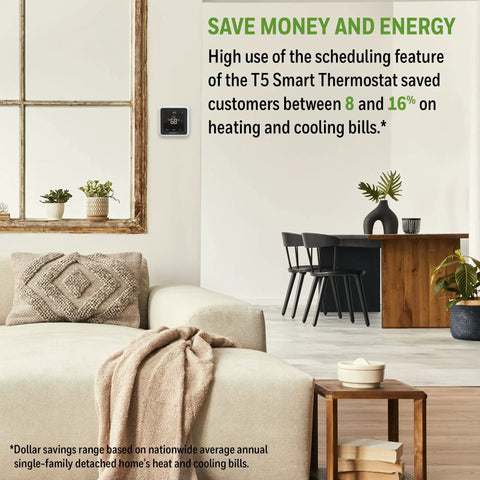 T5 WiFi Smart Thermostat With 7 Day Programmable Touchscreen Alexa Ready on wall, stylish living room interior