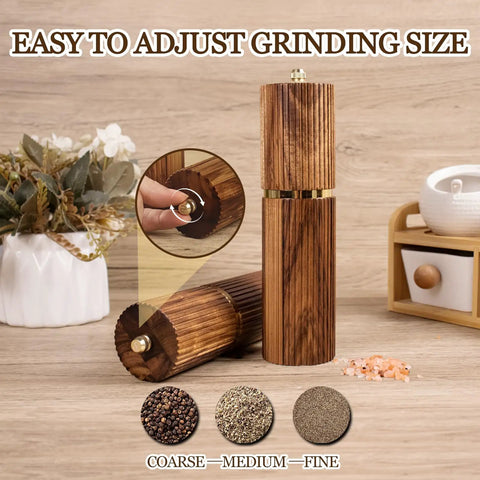 Two Pack Acacia Wood Salt And Pepper Grinder Set With Refillable Design Adjustable Ceramic Core Gold Stainless Steel Accents