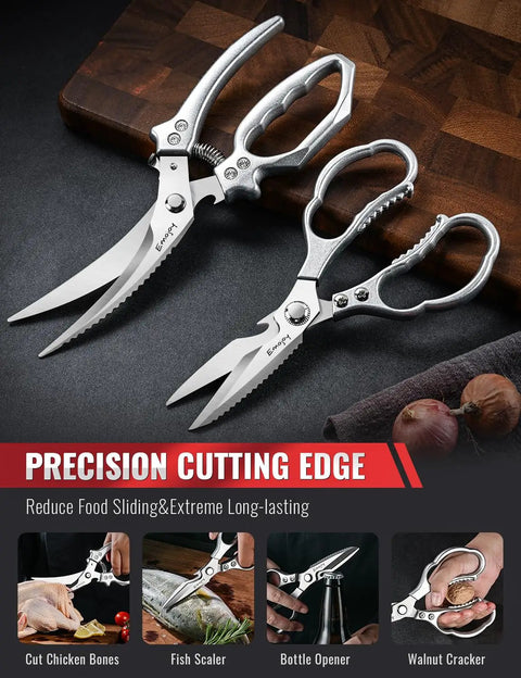 Two Piece Kitchen Scissors Set With Poultry Shears Japanese Stainless Steel All Purpose Kitchen Shears For Food Chicken Bones Fish Scales Nuts Herbs Packaging Plus More Dishwasher Safe, shown open