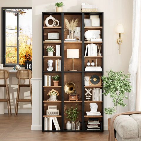 Heavy Duty Eight Tier Narrow Bookshelf With Adjustable Wooden Shelves Sleek Media Tower Rack For DVD And CD Storage Top Shelf Particleboard Design Sweet Space Saving Storage For Living Room, styled with decor and plants.