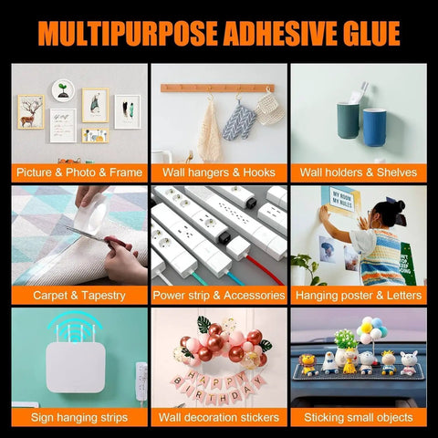 Image showing uses for Heavy Duty Double Sided Adhesive Tape Roll With Super Grippy Nano Gel Rock Solid Mounting Strips That Hold Like Crazy Zero Mess Clean Up For Walls And Carpets.
