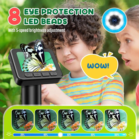 Kid Friendly Microscope 50x To 1000x Magnification With 2 Inch HD Screen And 1080P Video 32GB Card 2 Hour Battery Easy Carry Includes Slides Portable Science Kit Gift For Ages 8 To 12, black digital microscope with butterfly on screen