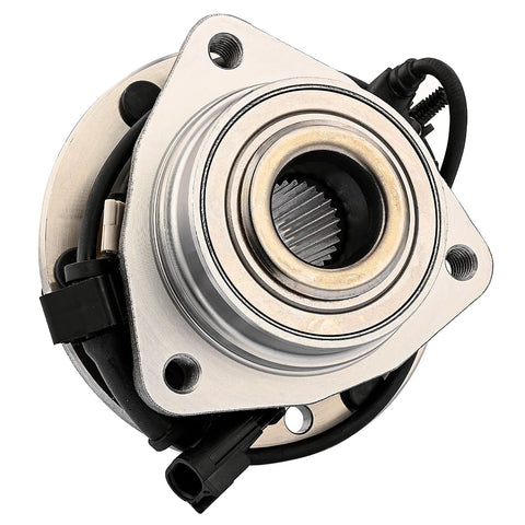Front wheel hub bearing assembly with flange, 4 mounting holes, silver finish, black wiring connector.