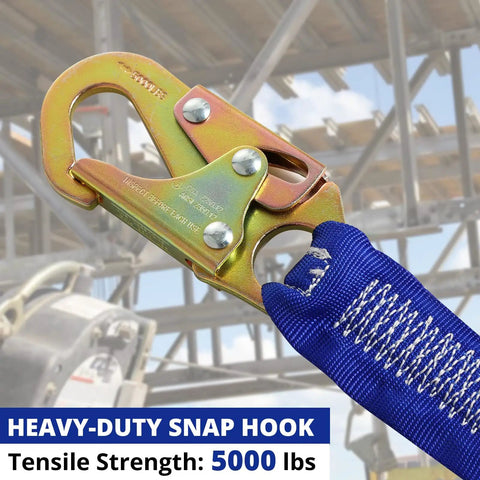 Heavy Duty Full Body Fall Arrest Safety Harness With Six Foot Shock Absorbing Lanyard Ansi Certified construction snap hook with 5000 lbs tensile strength.