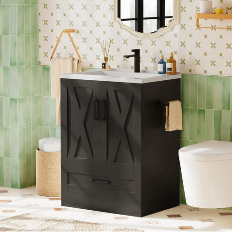 Upgrade Your Setup With This Slick 24 Inch Farmhouse Bathroom Vanity Featuring An Integrated Sink And Plenty Of Storage Cabinet Space In Sleek Matte Black.
