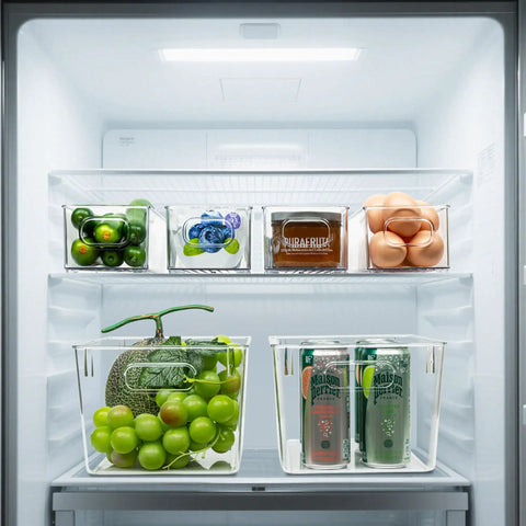 Straighten Up Your Space With This Solid 10 Piece Set Of Clear Plastic Storage Bins Featuring 4 Large And 6 Small Stackable Containers, organized in a refrigerator.