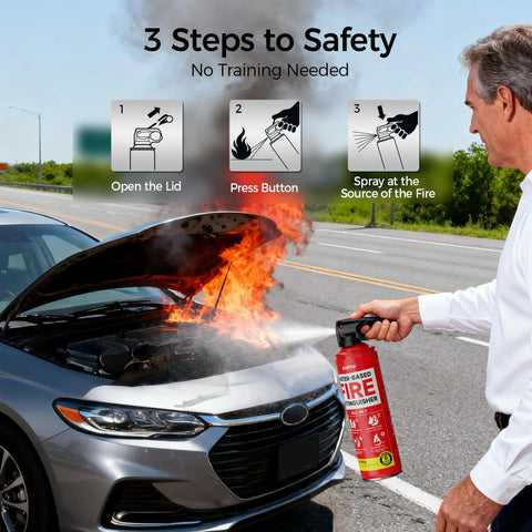 Person using Badass Home And Car Fire Extinguisher Six Pack Certified For Kitchen And Garage A B C K Rated on car fire.