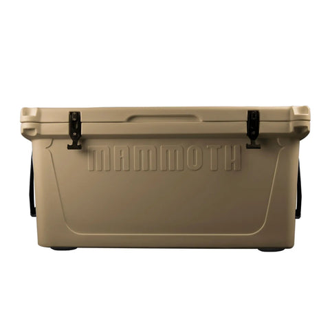 Bombproof 125 Quart Insulated Cooler Tough As Nails Rotomolded Hard Ice Chest in tan, front view showing sturdy latches.