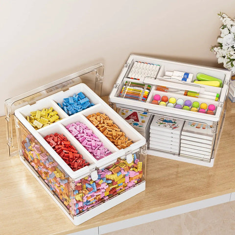 24 Quart Clear Plastic Storage Bins 2 Pack Double Layer Craft Organizer With Divided Sections For Sewing Supplies, clear bins with colorful craft supplies.