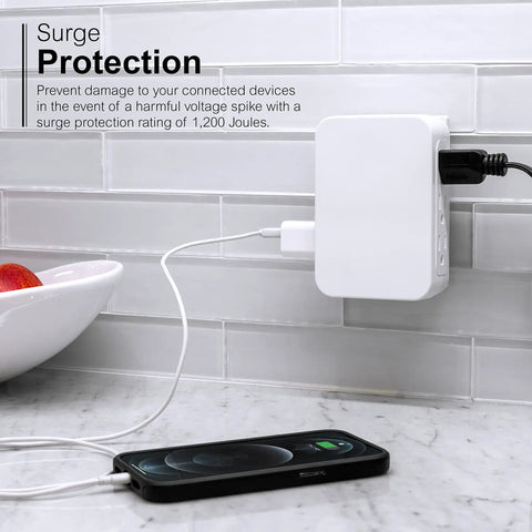 Six Outlet Surge Protector Wall Tap Extender With Side Access Design For Tight Spots, 1200 Joules, 3 Prong Grounded Outlets