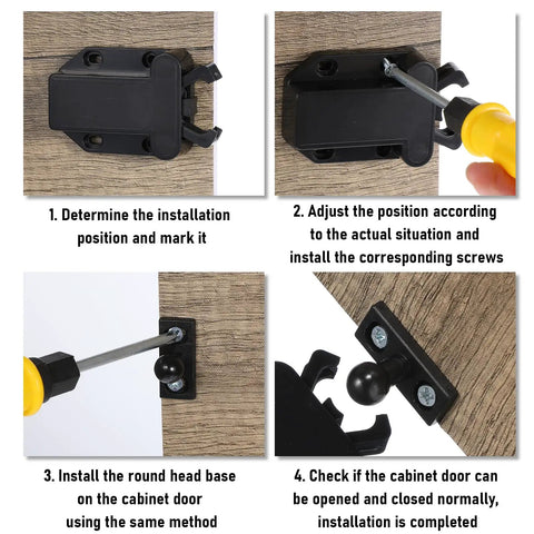 Four Pack Slick Push To Open Cabinet Latches installation steps on wooden surface with screws and tools.