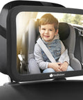 Child visible in wide 360 degree crystal clear baby car seat mirror, mounted on black headrest for rear facing seats, shatterproof design.