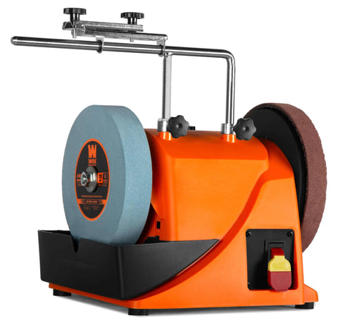 8 Inch Water Cooled Wet And Dry Sharpening System With 220 Grit Stone And Leather Strop Wheel, Adjustable Reservoir, 120 RPM