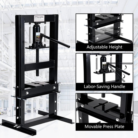 6 Ton Hydraulic H Frame Shop Press With Adjustable Table And Stamping Plates For Auto Repair, Garage Use, And Metalworking Projects Built Tough For Bearing Removal, U Joint Installation, And Straightening shown in a workshop setting.