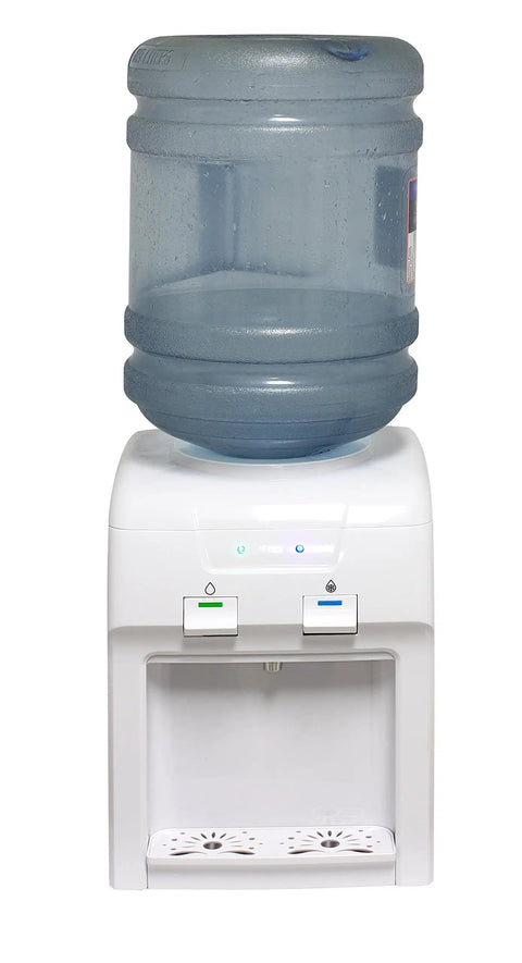 Countertop Water Dispenser With Room And Cold Water, White Finish, Dual Spigots, No Fuss Push Button Controls. Front view with bottle.