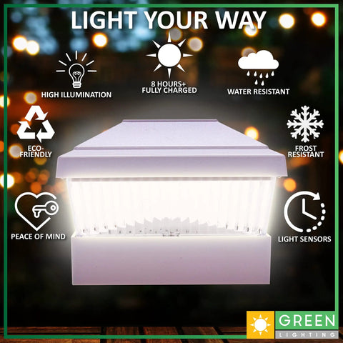 Solar Post Cap Lights For 5x5 PVC Vinyl Posts Outdoor Waterproof LED White 8 Pack Bright Energy Saving Accent Lighting For Fence Deck Garden No Brainer Weather Resistant, highlighting light features and benefits.