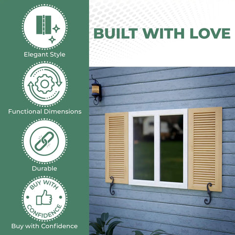 Outdoor scene with beige shutters using 6 Pack 6.5 Inch S Style Cast Iron Shutter Dogs With Rust Resistant Powder Coated Finish External Shutter Tieback Hardware Mounting Screws Included No Fuss Easy Install attached to house.