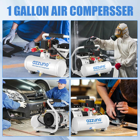 Azzuno 1 Gallon Ultra Quiet Air Compressor With Portable Electric Oil Free Motor and Fast Inflation for Tires in a workshop.