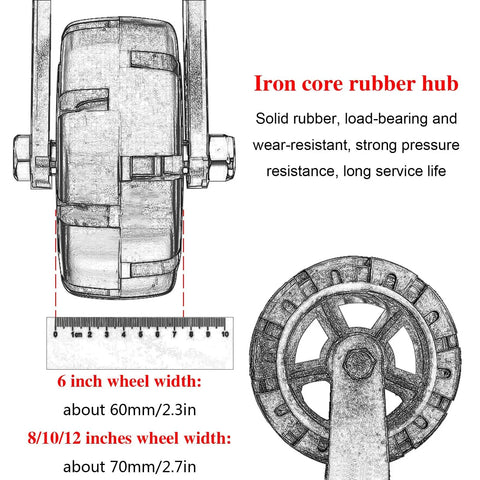 Heavy Duty Rubber Swivel Caster Set Of 4 With Secure Wheel Brake For Moving Heavy Equipment And Industrial Carts Built Tough As Nails To Roll Smooth - close-up of rubber hub with ruler for size reference.