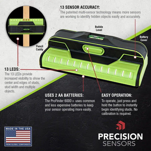 Dead On Accuracy 13 Sensor Stud Finder Wall Scanner, top view displaying 13 LEDs and bubble level for easy stud detection.