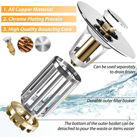 Killer Two Pack Bathroom Sink Drain Strainer Featuring Detachable Brass Hair Catcher Basket Dual Layer Pop Up Stopper Universal Fit For 1.06 To 1.6 Inch Drains Rock Solid Chrome Finish with detailed views of materials.