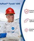 Person wearing Disposable Lab Coat With Open Cuff And Attached Hood Comfort Fit PPE For Lab Work White 2X Large 30 Pack