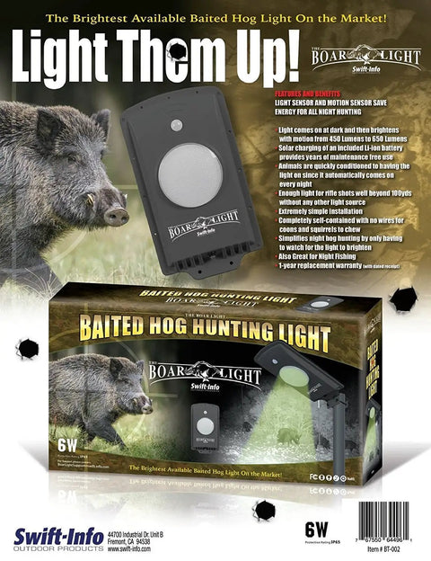 The Boar Light Baited Hog Hunting Light 650 Lumen Green LED Feeder Light Solar Powered Self Contained Motion Sensor PIR box