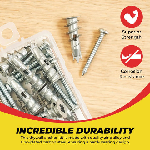 Heavy Duty Zinc Self Drilling Drywall Anchor Kit With Screws showing zinc alloy anchors and screws for hollow walls.
