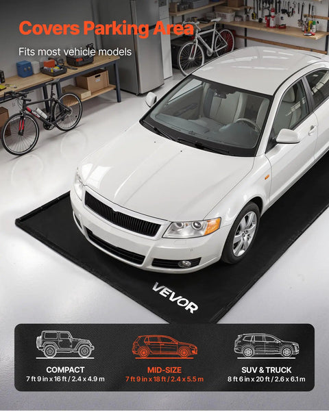 Heavy Duty Containment Mat For Garage Floor 7 Ft 9 In By 18 Ft Non Slip PVC Waterproof Floor Protector with car parked on it