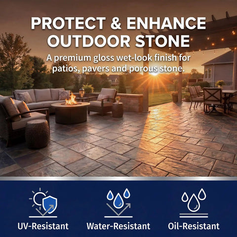 Slick Wet Look Stone Sealer Hella Durable Water Based Color Enhancer For Outdoor Pavers Concrete Patio Driveway Brick Masonry Rock Solid Finish In One Full Gallon, outdoor patio with polished stone floor.
