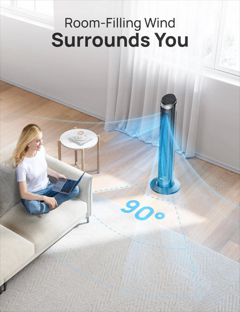 Ultra Stealthy Tower Fan For Bedroom Delivering Crisp Cool Breezes And Dead Silent Operation At Twenty Eight Decibels So You Can Chill Out All Night With Flexible Oscillation Timing, 90-degree oscillation in a living area.